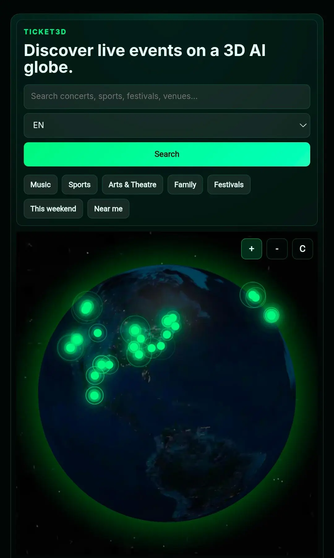 Interactive Ticket3D globe preview with live event markers
